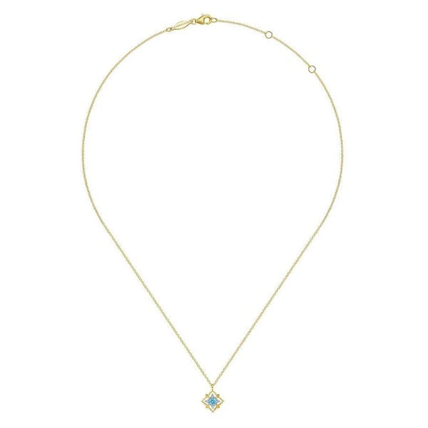 14K Yellow Gold Round Swiss Blue Topaz and Diamond Floral  Pendant Necklace