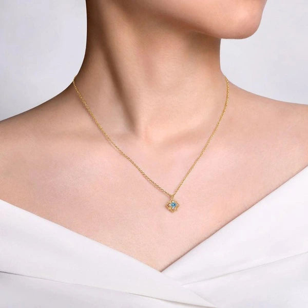 14K Yellow Gold Round Swiss Blue Topaz and Diamond Floral  Pendant Necklace