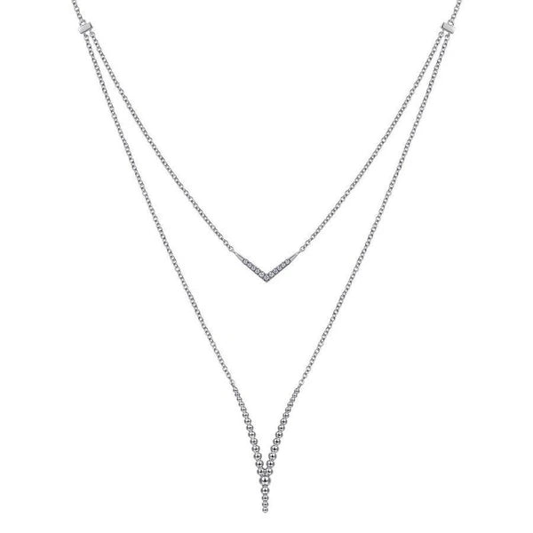 20" 925 Sterling Silver White Sapphire and Beaded Chevon Necklace