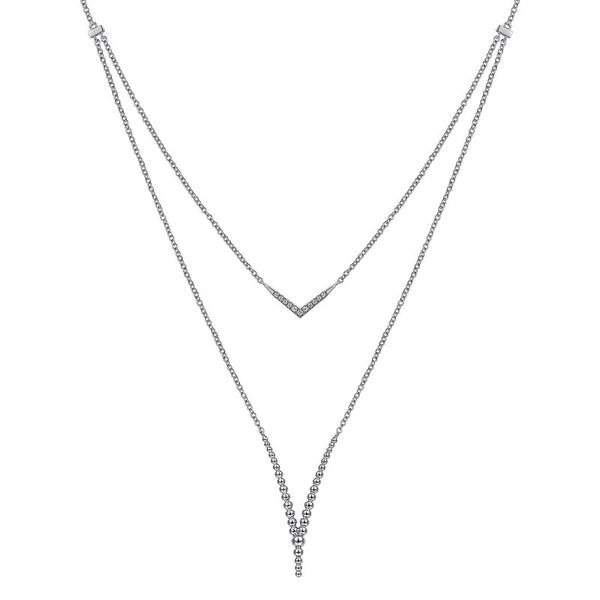 20" 925 Sterling Silver White Sapphire and Beaded Chevon Necklace