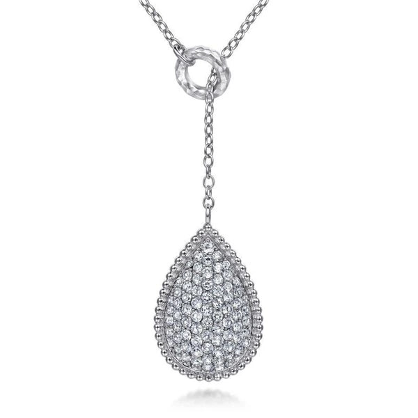 24" 925 Sterling Silver White Sapphire Pave Teardrop Lariat Necklace