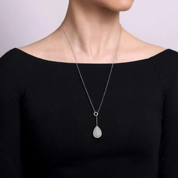 24" 925 Sterling Silver White Sapphire Pave Teardrop Lariat Necklace