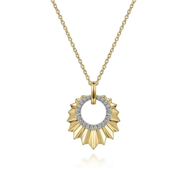 14K Yellow Gold Diamond and Diamond Cut Texture Pendant Necklace