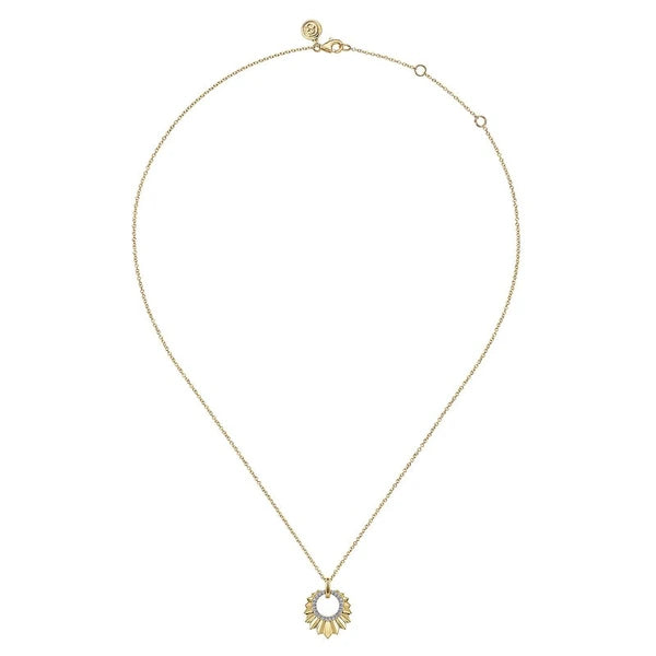 14K Yellow Gold Diamond and Diamond Cut Texture Pendant Necklace