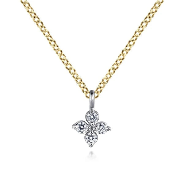 14K Yellow & White Gold Diamond Flower Shape Pendant Necklace