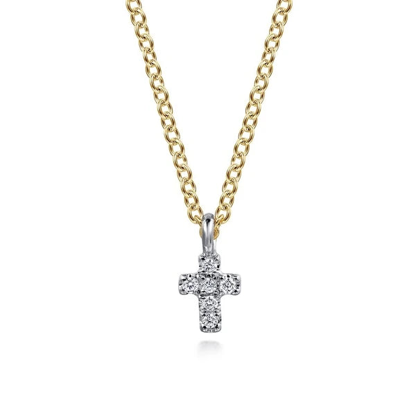14K Yellow and White Gold Diamond Cross Pendant Necklace 