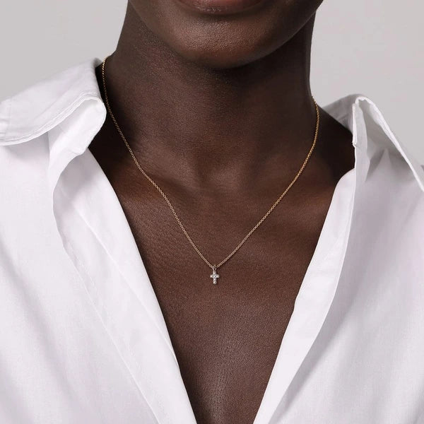 14K Yellow and White Gold Diamond Cross Pendant Necklace 