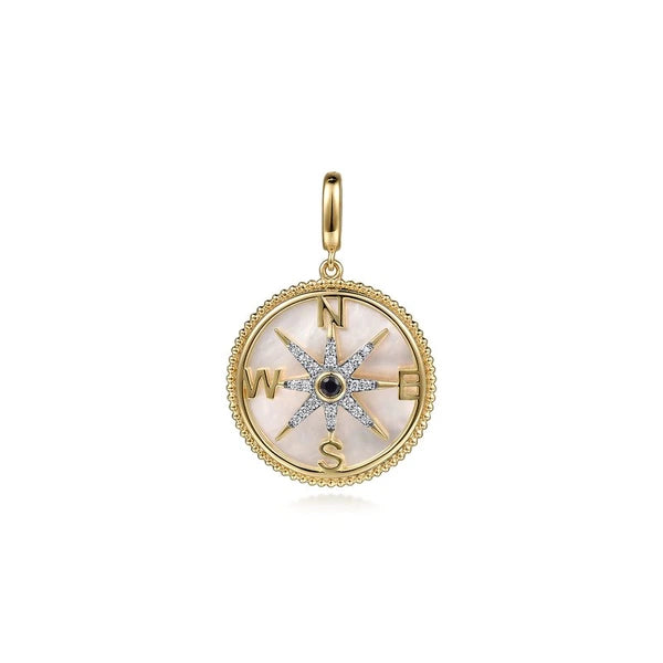 14K Yellow Gold Diamond & Blue Sapphire Compass Medallion Pendant With Detachable Bail