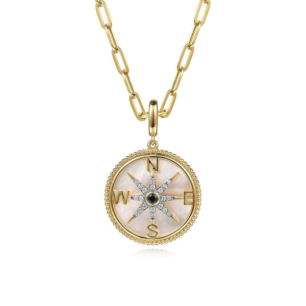 14K Yellow Gold Diamond & Blue Sapphire Compass Medallion Pendant With Detachable Bail