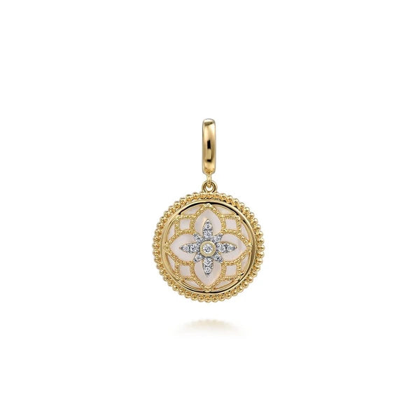 14K Yellow Gold Bujukan Diamond and Mother of Pearl Medallion Pendant in size 18mm With Detachable Bail
