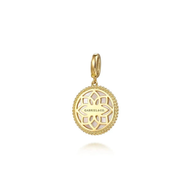 14K Yellow Gold Bujukan Diamond and Mother of Pearl Medallion Pendant in size 18mm With Detachable Bail