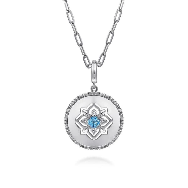 925 Sterling Silver Blue Topaz and White Sapphire Bujukan Medallion Pendant in size 24mm With Detachable Bail