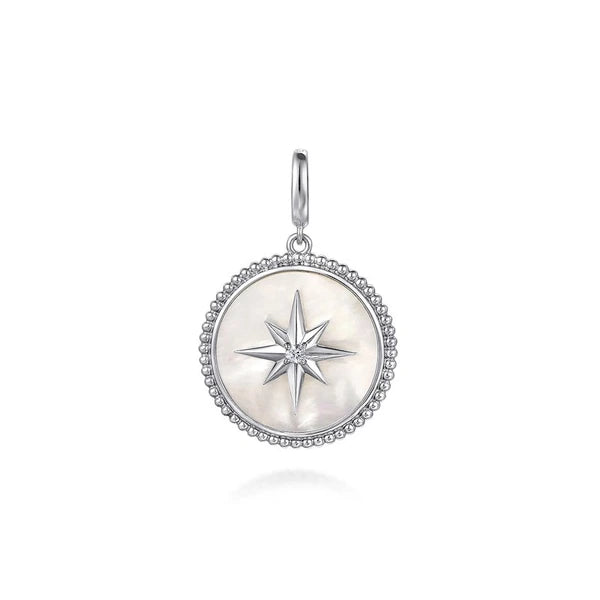 925 Sterling Silver Bujukan White Sapphire and Mother Of Pearl Round Starburst Medallion Pendant With Detachable Bail