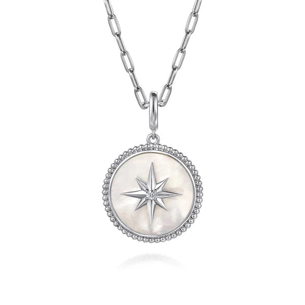 925 Sterling Silver Bujukan White Sapphire and Mother Of Pearl Round Starburst Medallion Pendant With Detachable Bail