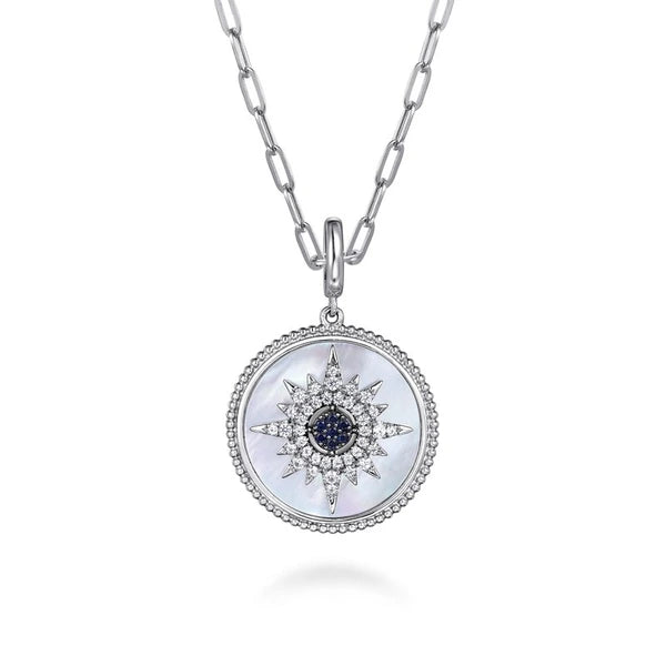 925 Sterling Silver Starburst Blue Sapphire and White Sapphire Bujukan Medallion Pendant in size 24mm With Detachable Bail