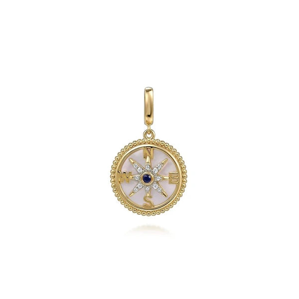 14K Yellow Gold 18mm Bujukan Diamond Compass & Mother of Pearl Medallion Pendant With Detachable Bail