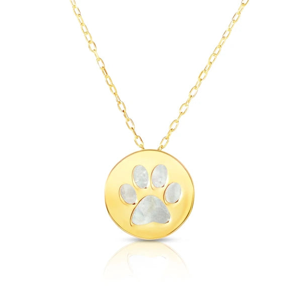 14K Gold Paw Print Mother of Pearl Necklace