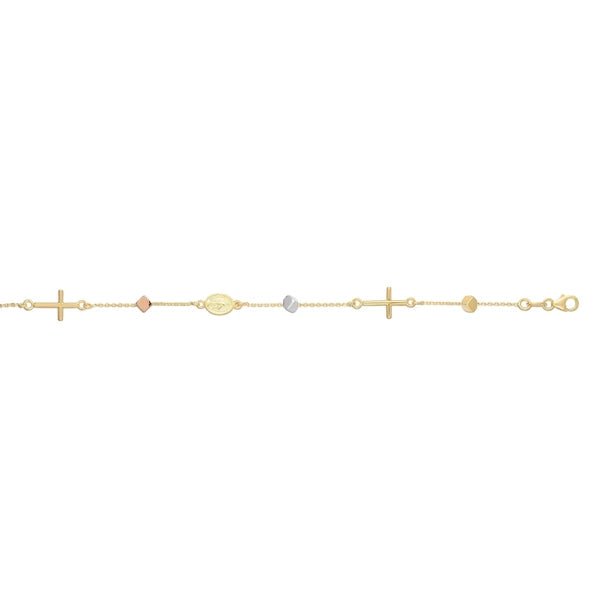 14K Tri-color Gold Polished Cube &amp; Cross Bracelet
