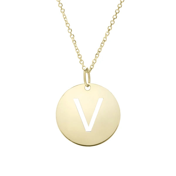 14K Gold Disc Initial V Necklace