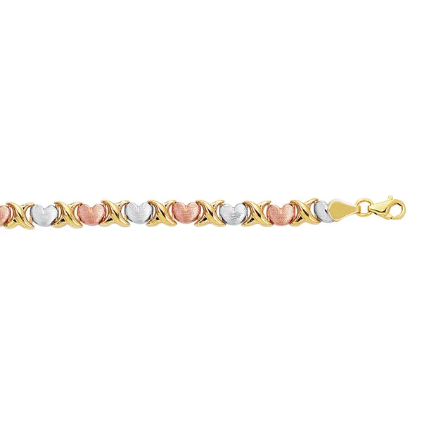 14K Tri-color Gold X &amp; O Heart Stampato Bracelet