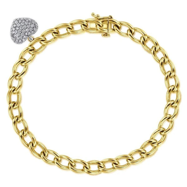14K Yellow-White Gold Chain Link Bracelet with e Diamond Puff Heart Charm
