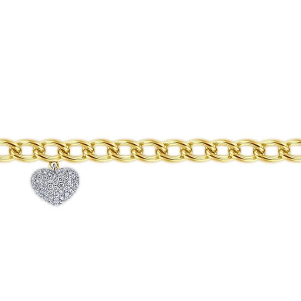 14K Yellow-White Gold Chain Link Bracelet with e Diamond Puff Heart Charm