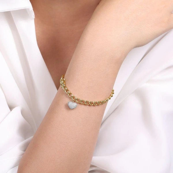 14K Yellow-White Gold Chain Link Bracelet with e Diamond Puff Heart Charm