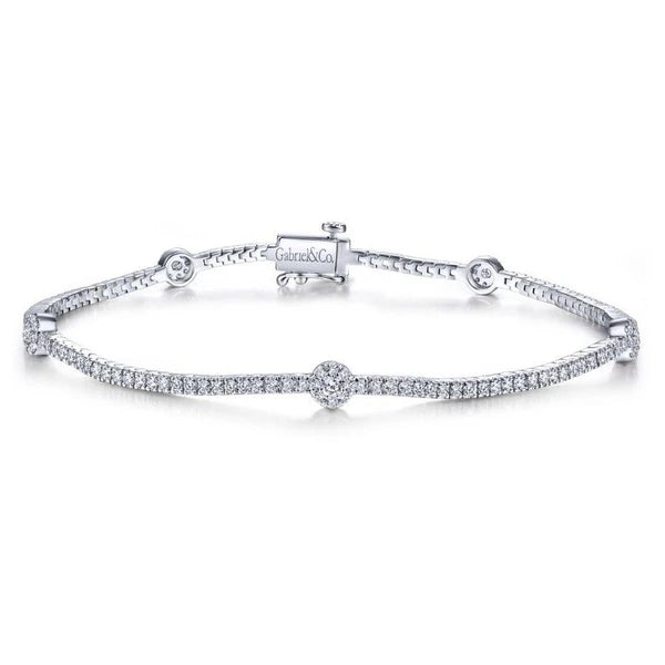 14K White Gold Diamond Tennis Bracelet with Round Cluster Stations