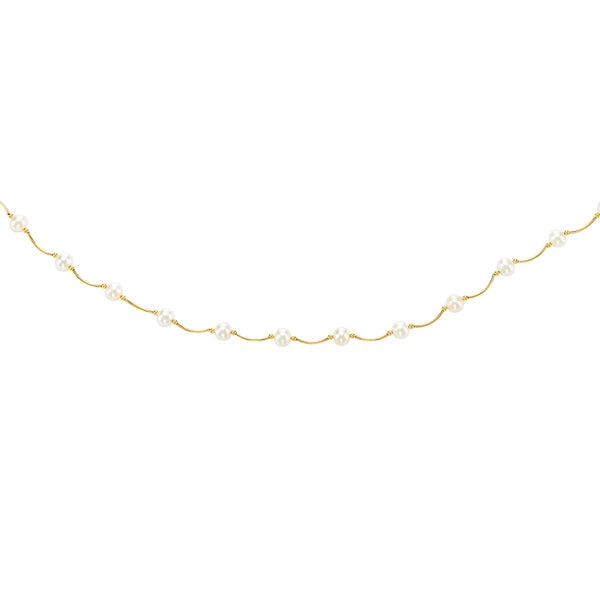 14K Gold Pearl Station Scalloped Necklace
