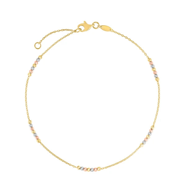 14K Tri-color Gold Diamond Cut Bead Station Anklet
