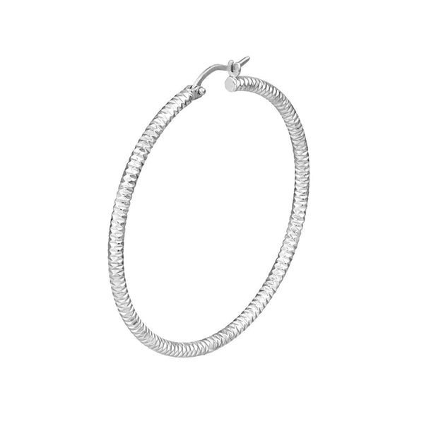 Sterling Silver 3mm x 40mm Diamond-Cut Rhodium Hoop Earrings