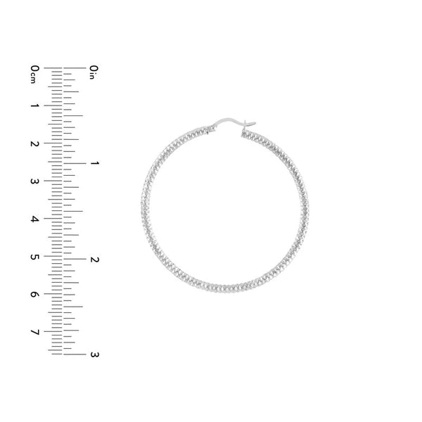 Sterling Silver 3mm x 40mm Diamond-Cut Rhodium Hoop Earrings