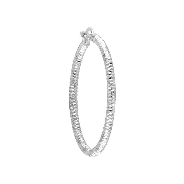 Sterling Silver 3mm x 30mm Diamond-Cut Rhodium Hoop Earrings