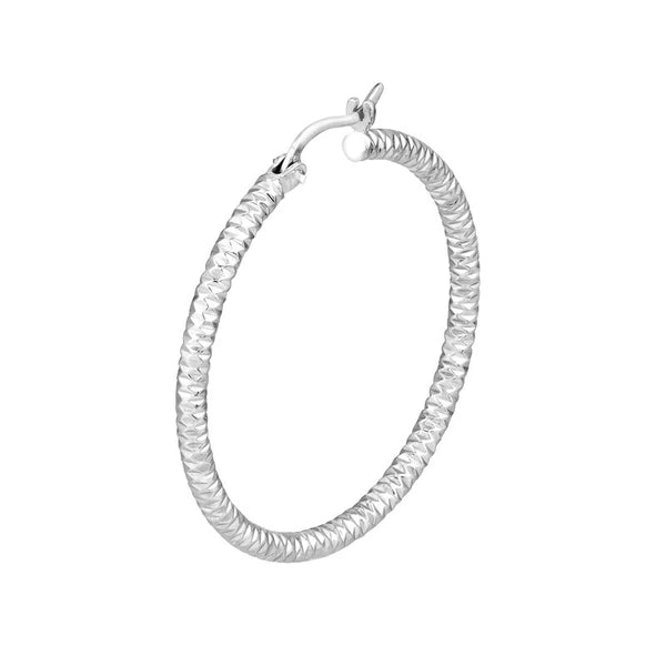 Sterling Silver 3mm x 30mm Diamond-Cut Rhodium Hoop Earrings