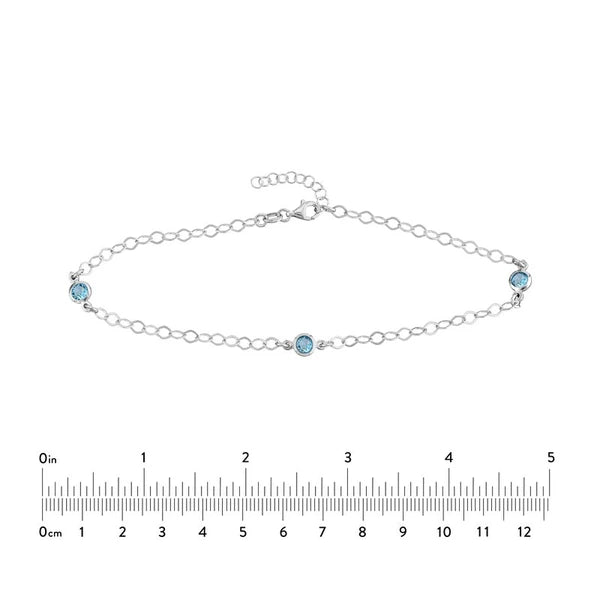 Sterling Silver Blue CZ Stations on Chain Adjustable Anklet