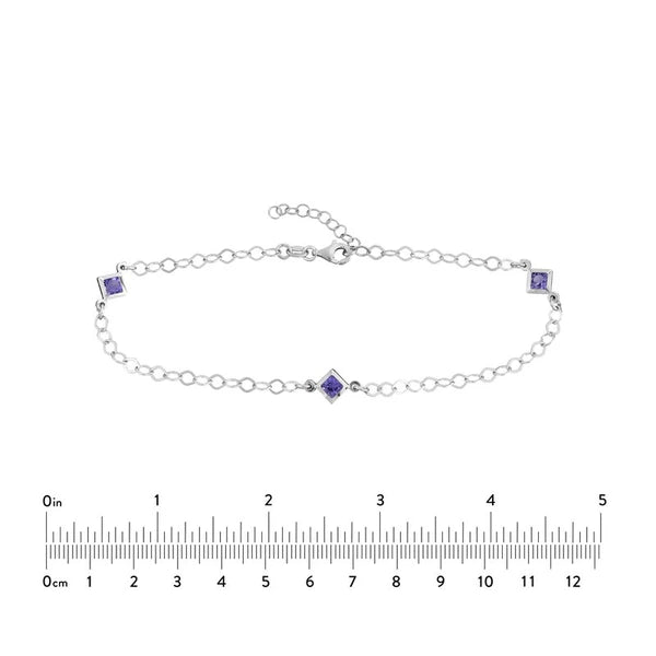 Sterling Silver Purple CZ Rhombus Stations Anklet