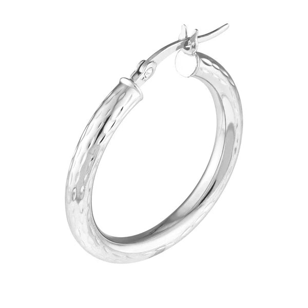 Sterling Silver 3mm x 25mm Diamond-Cut Hoop Earrings