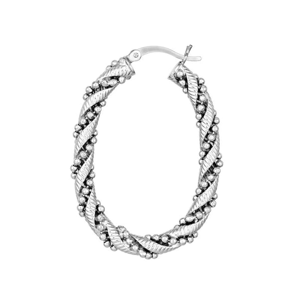 Sterling Silver Beaded and Textured Twisted Hoop Earrings
