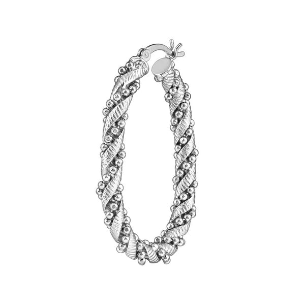Sterling Silver Beaded and Textured Twisted Hoop Earrings