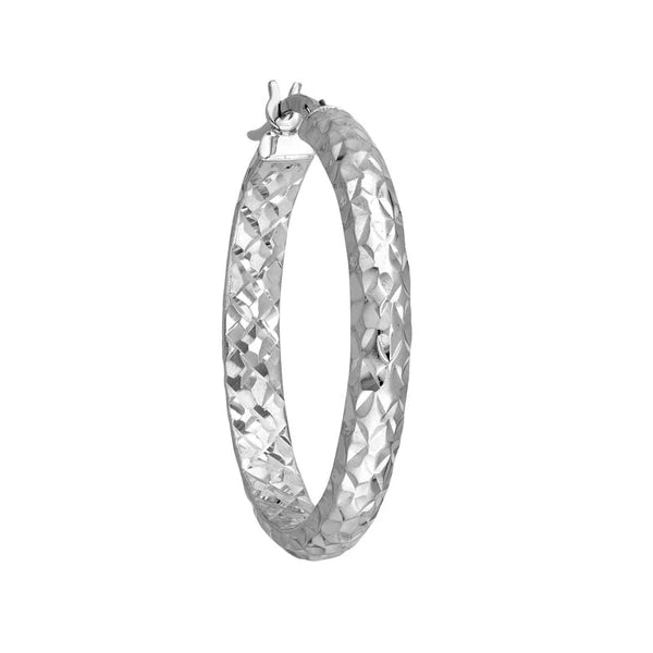 Sterling Silver 4mm x 30mm Diamond-Cut Rhodium Hoop Earrings