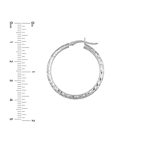 Sterling Silver 4mm x 30mm Diamond-Cut Rhodium Hoop Earrings