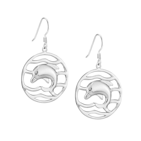 Plated Sterling Silver Circled Dolphin Drop Earrings