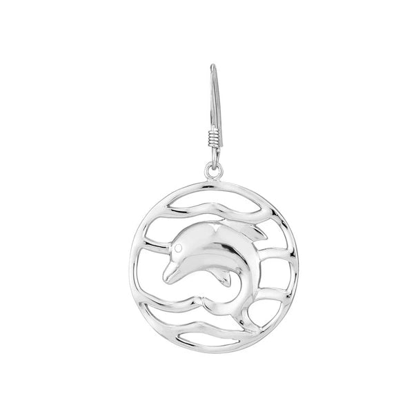 Plated Sterling Silver Circled Dolphin Drop Earrings