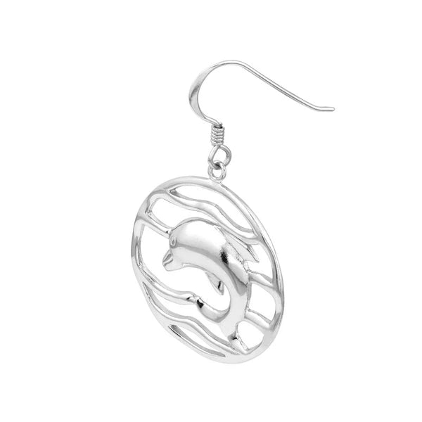Plated Sterling Silver Circled Dolphin Drop Earrings