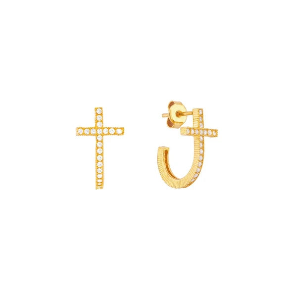 Sterling Silver CZ Curved Cross Stud Earrings