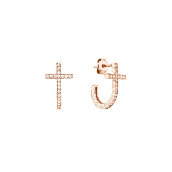 Sterling Silver CZ Curved Cross Stud Earrings