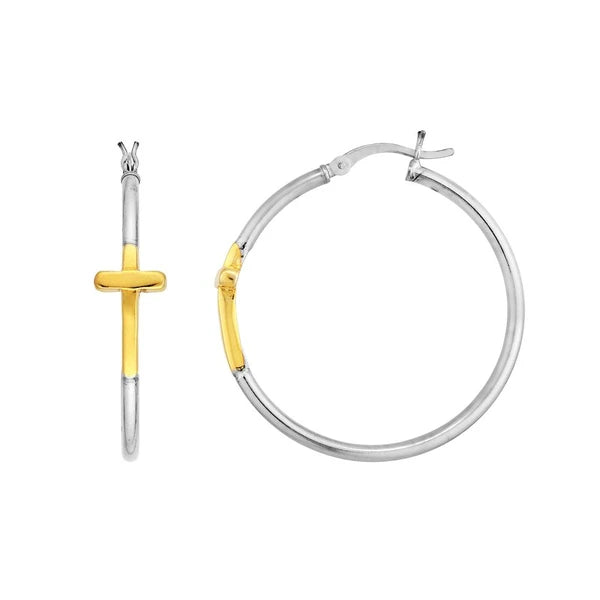 Plated Sterling Silver Cross Hoop Earrings
