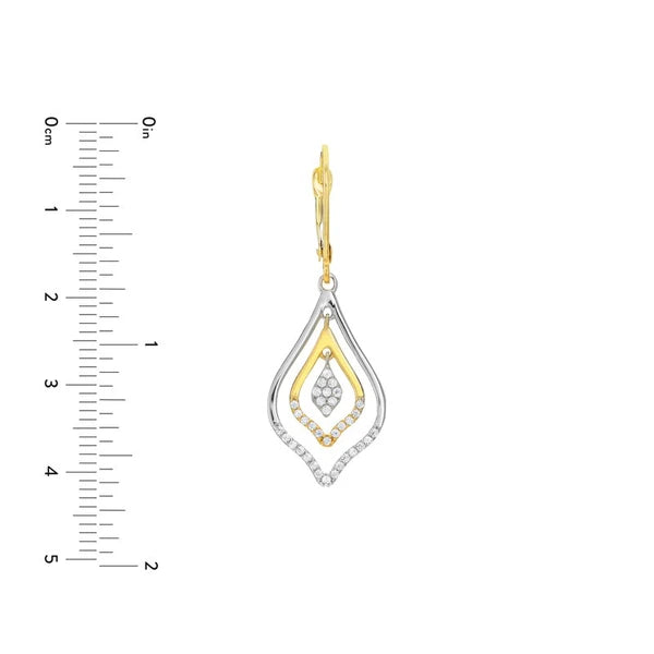 Two-tone CZ Double Framed Leaf Drop Earrings