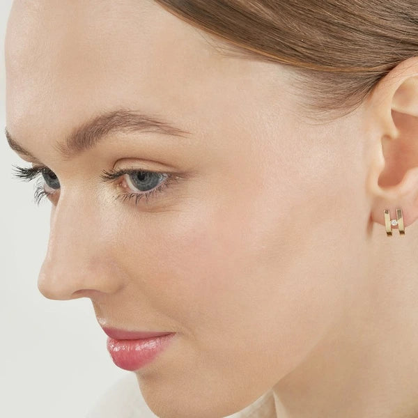 Diamond Bezel In Open J-Huggie Earrings