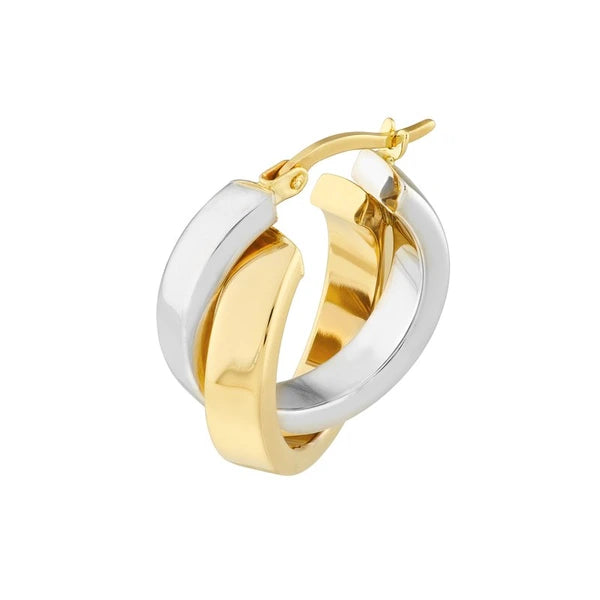 15mm Two-Tone Criss-Cross Tube Round Hoop Earrings